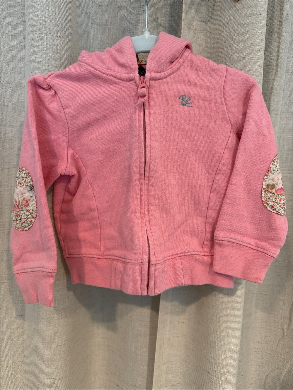 Ralph Lauren Pink Girls' Hooded Zip Sweatshirt with Floral Elbow Patches 24m